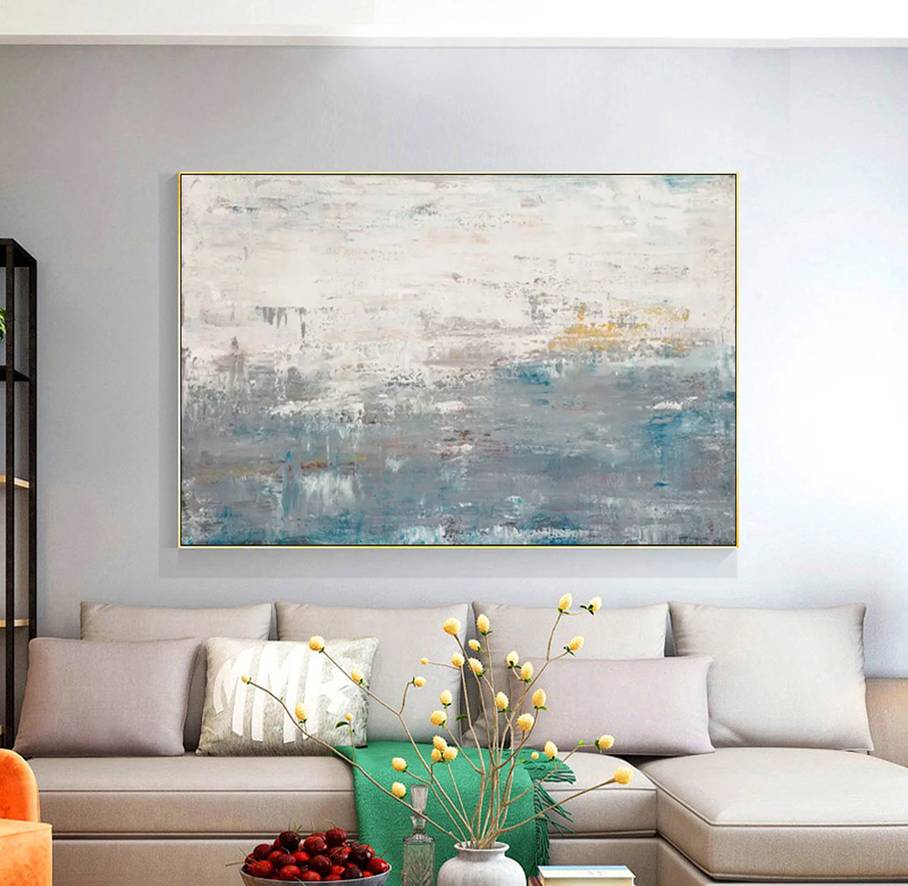 Painting Handmade Original Gray Yellow Blue Abstract Canvas Wall Art Y453C